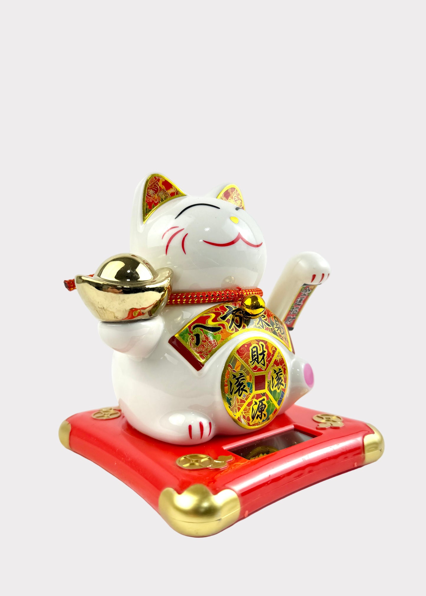Solar Powered Ceramic Lucky Money Cat with Gold Ingot - Prosperity Decor