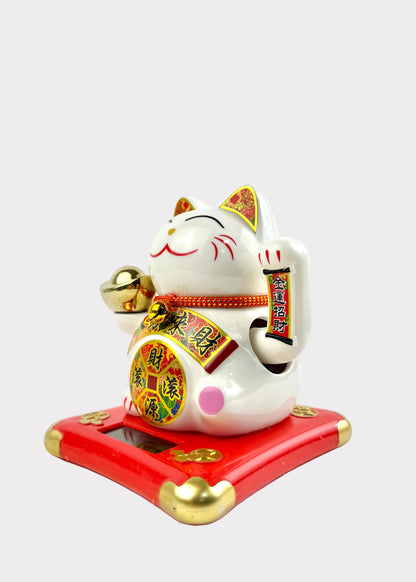 Solar Powered Ceramic Lucky Money Cat with Gold Ingot - Prosperity Decor