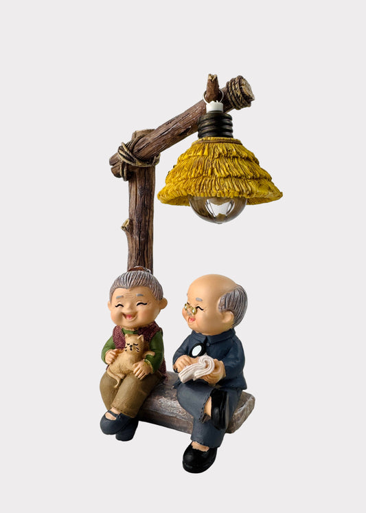 Grandparents Lamp Figurine with Cat Figurine