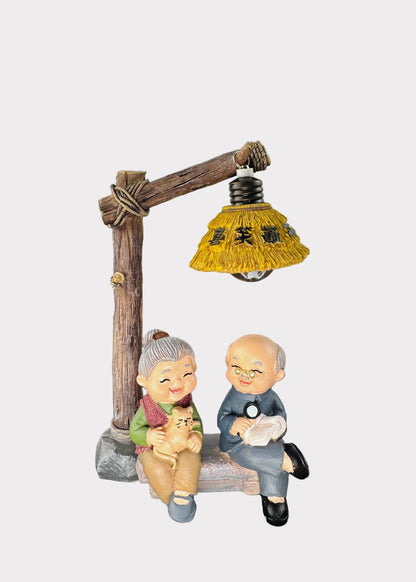 Grandparents Lamp Figurine with Cat Figurine