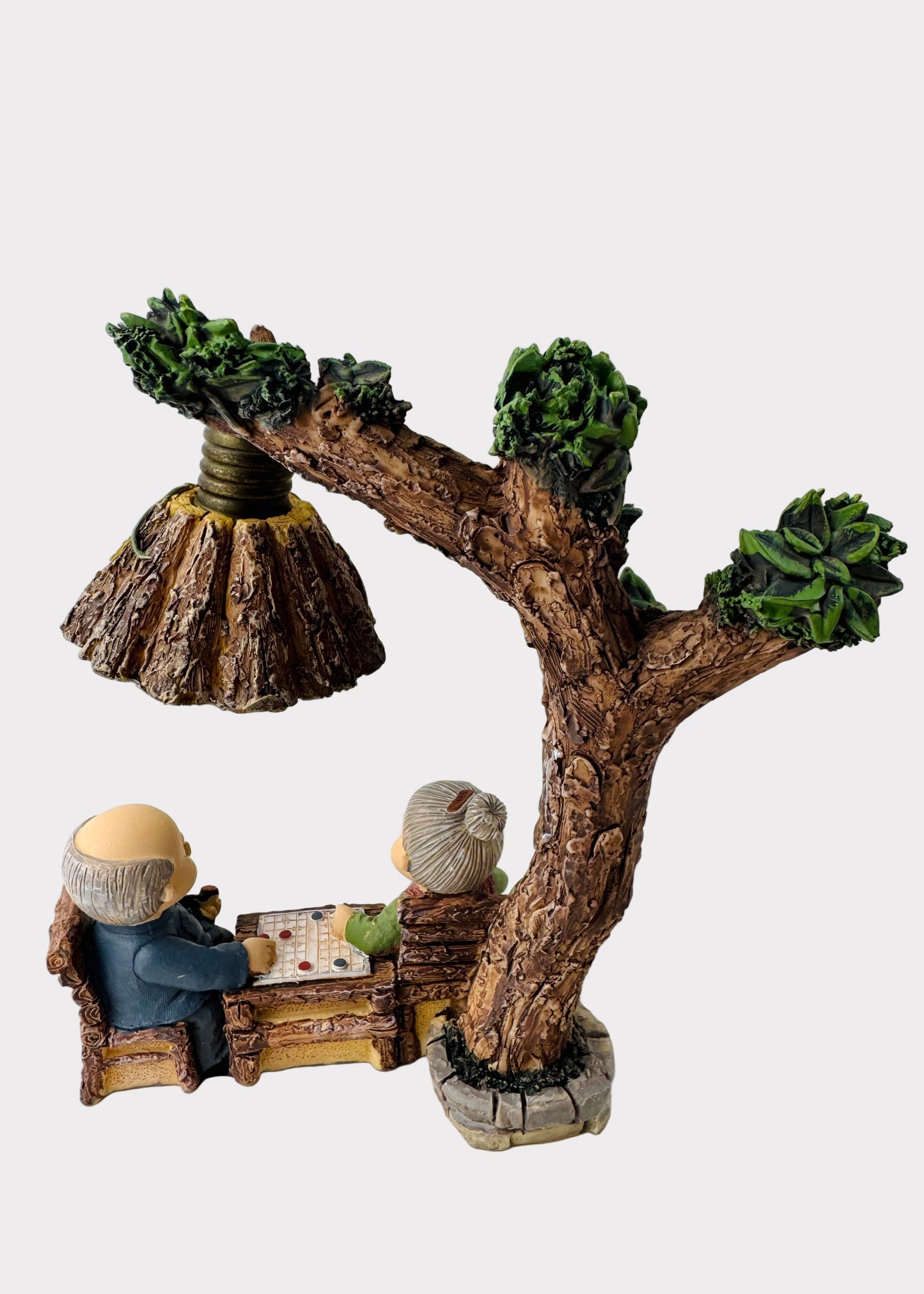 Grandparents Playing Chess Under Tree Lamp Figurine