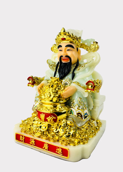 Cai Shen God of Wealth - Seated Statue - Jade-Green/Gold