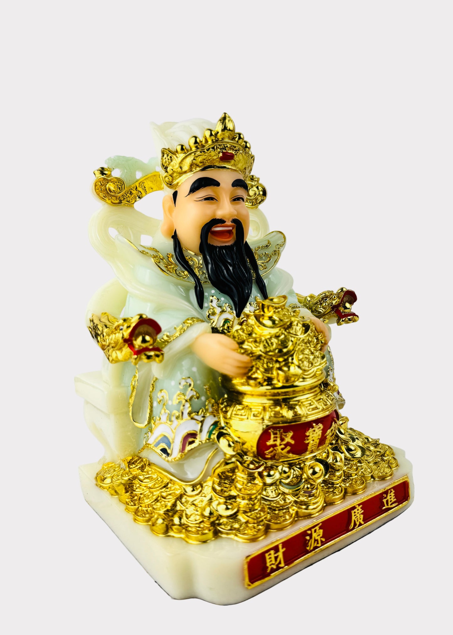 Cai Shen God of Wealth - Seated Statue - Jade-Green/Gold