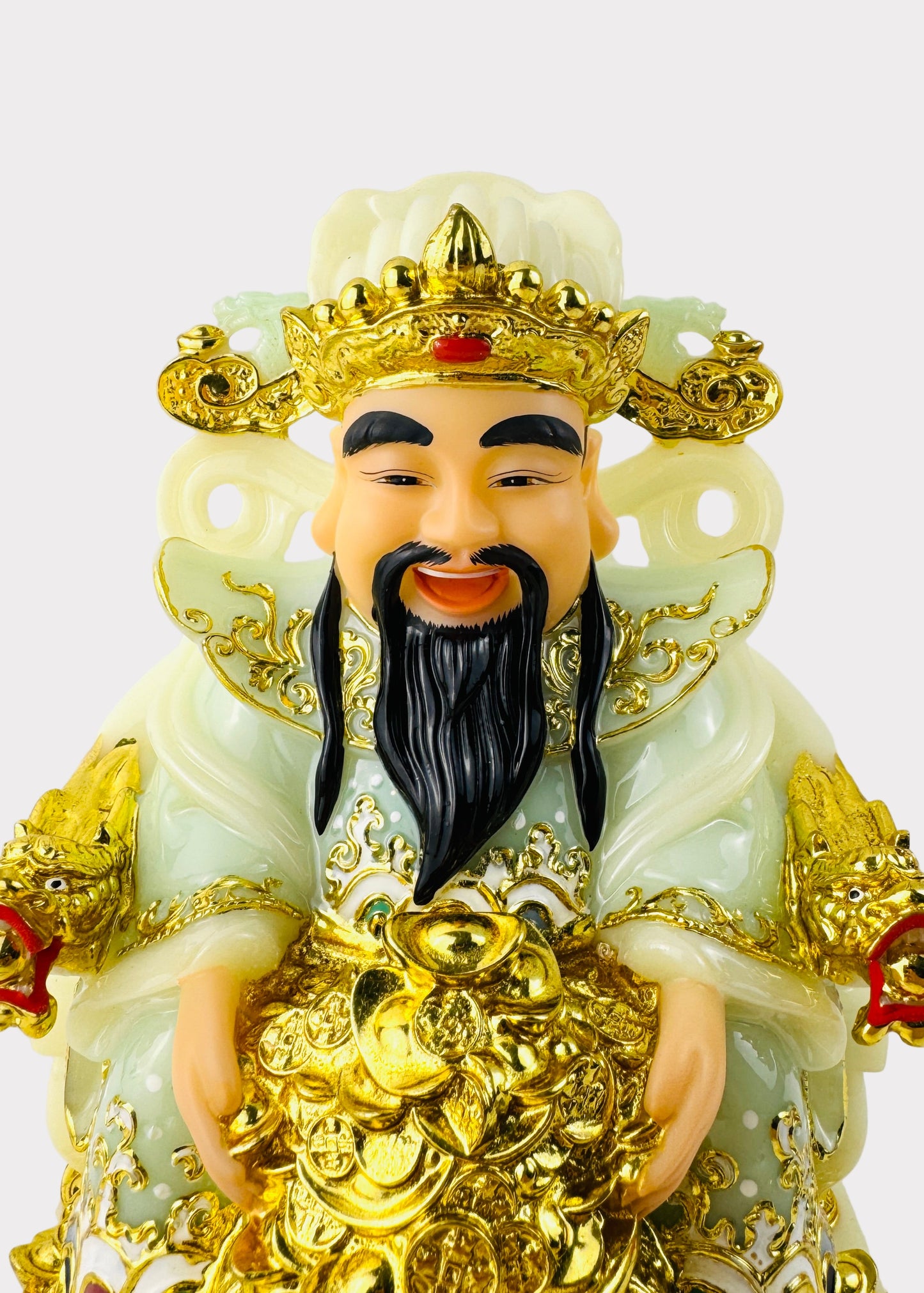 Cai Shen God of Wealth - Seated Statue - Jade-Green/Gold