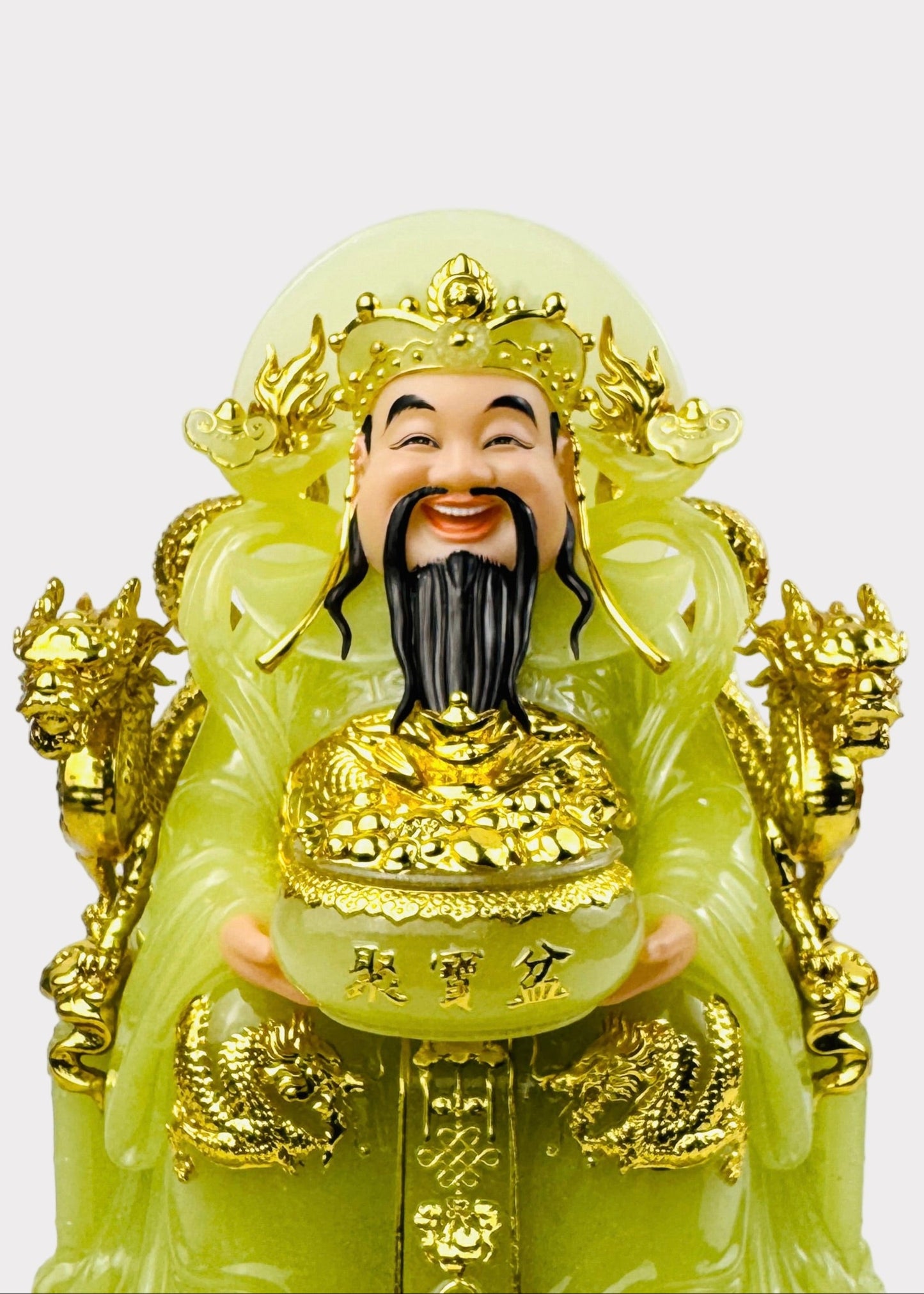 Prosperity Cai Shen - Dragon Throne Statue - Green Jade