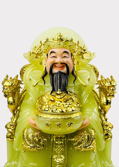 Prosperity Cai Shen - Dragon Throne Statue - Green Jade