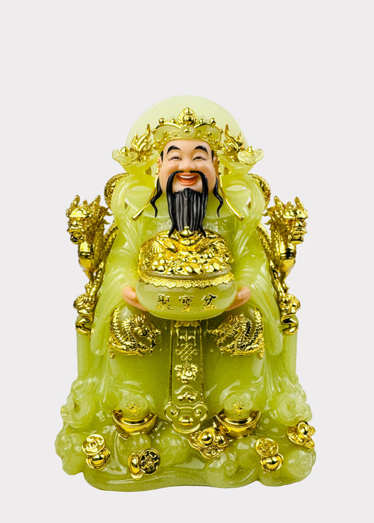 Prosperity Cai Shen - Dragon Throne Statue - Green Jade