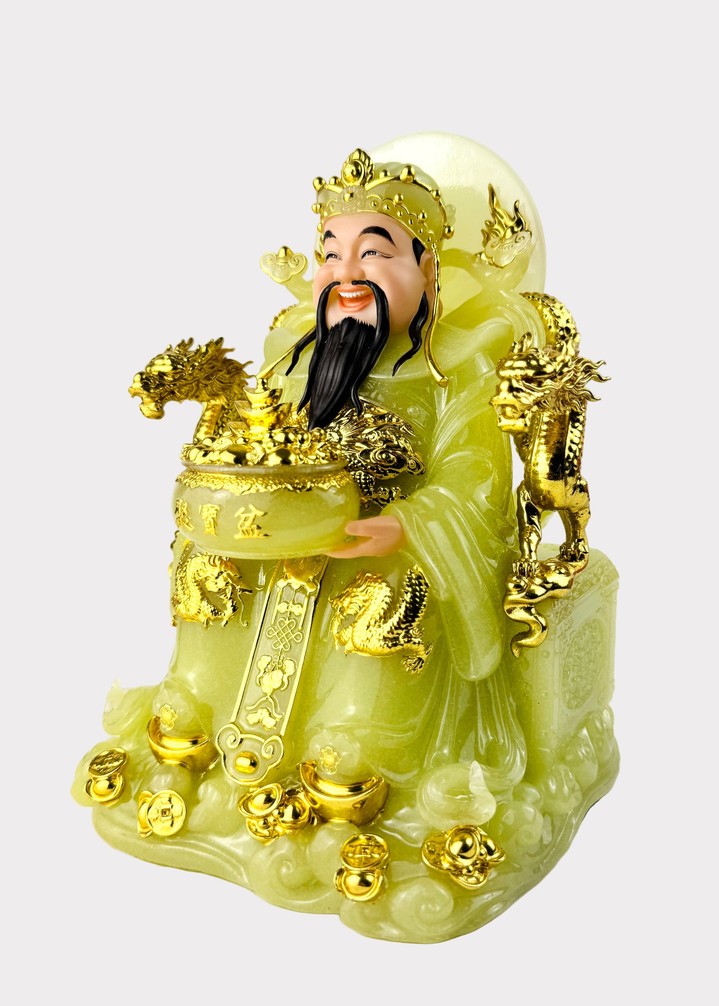 Prosperity Cai Shen - Dragon Throne Statue - Green Jade