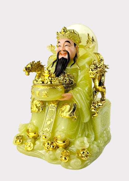 Prosperity Cai Shen - Dragon Throne Statue - Green Jade