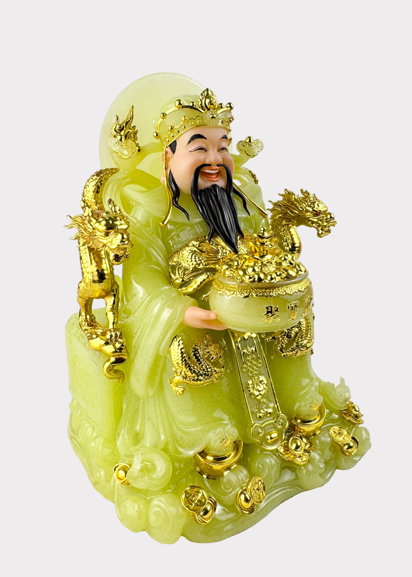 Prosperity Cai Shen - Dragon Throne Statue - Green Jade