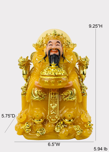 Prosperity Cai Shen - Dragon Throne Statue - Citrine Yellow