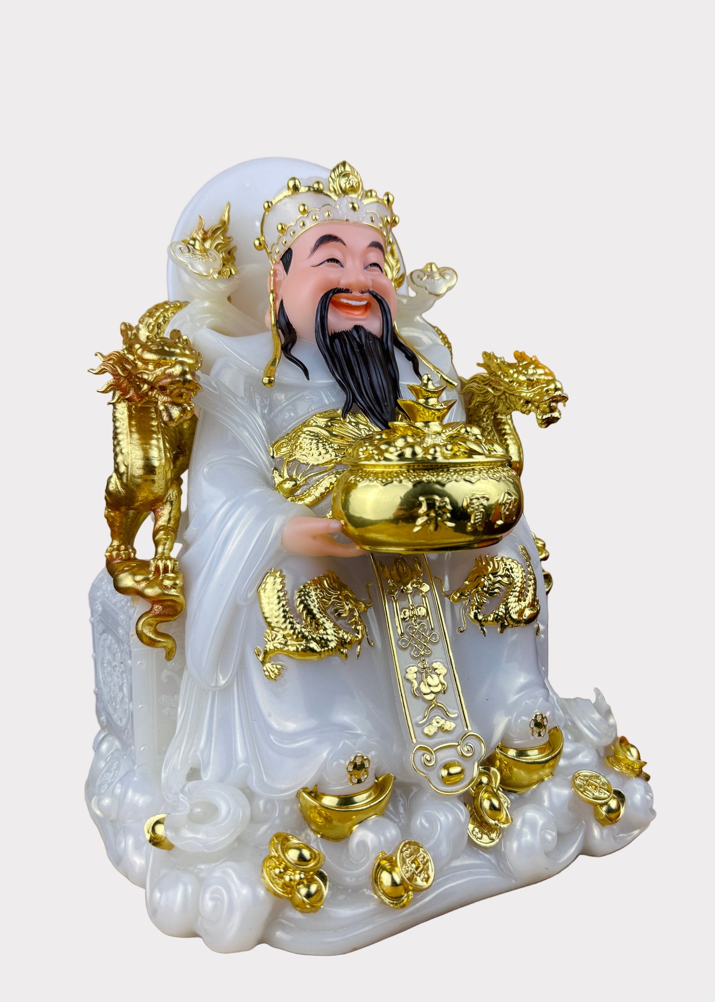 Prosperity Cai Shen - Dragon Throne Statue - Pearl White