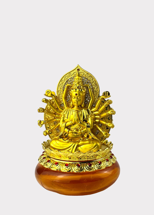Thousand Hands Guan Yin - Essential Oil Diffuser - Double Sided - Gold Tone with Amber Reservoir