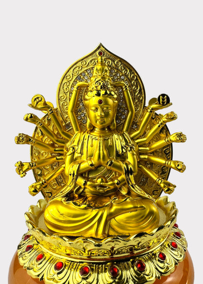 Thousand Hands Guan Yin - Essential Oil Diffuser - Double Sided - Gold Tone with Amber Reservoir