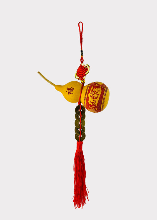 Natural Hulu Gourd with 5 Coins - Feng Shui Health and Wealth - Red Tassel