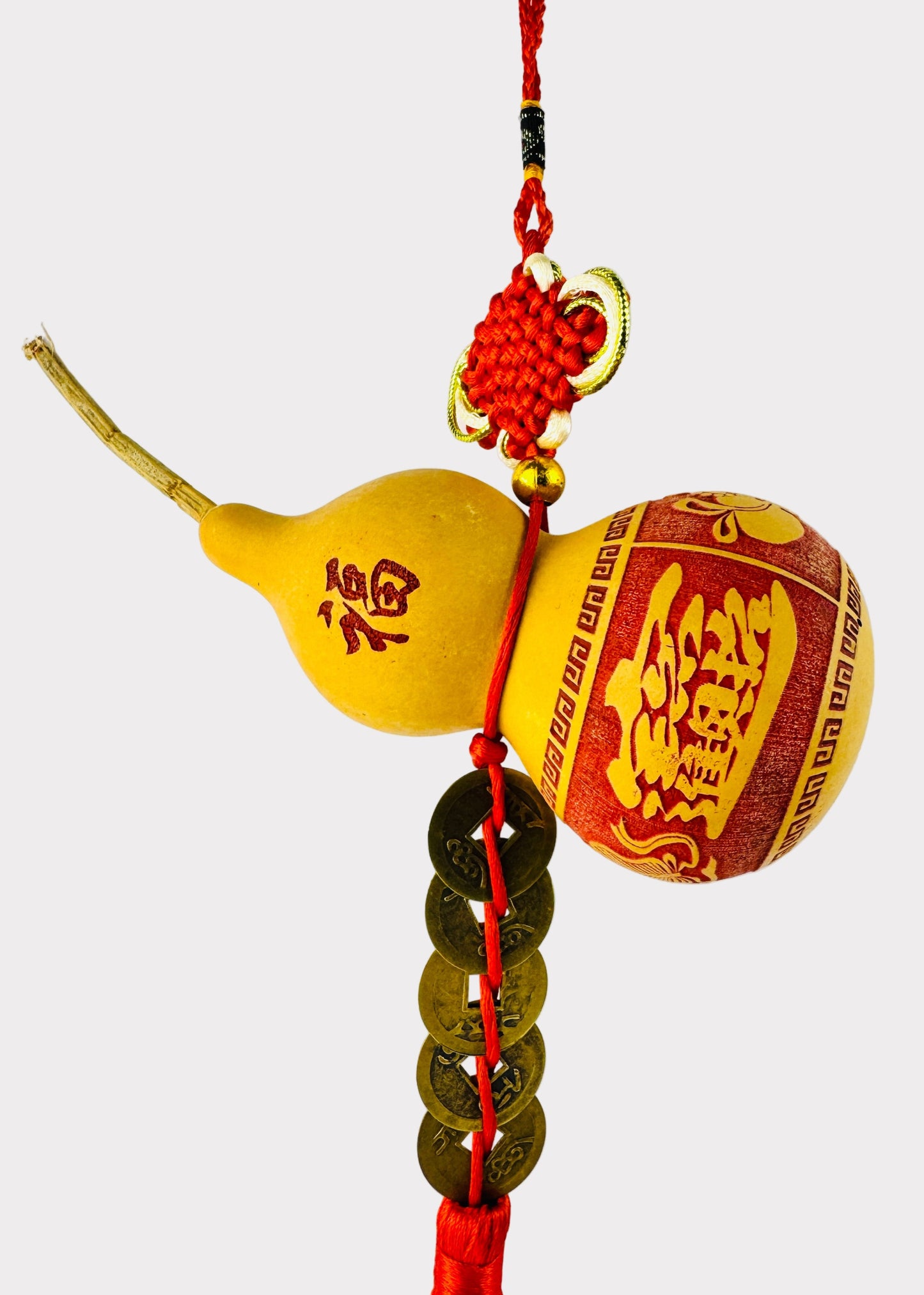 Natural Hulu Gourd with 5 Coins - Feng Shui Health and Wealth - Red Tassel