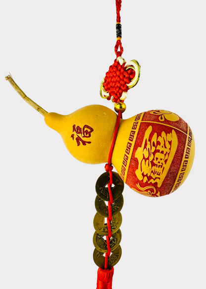 Natural Hulu Gourd with 5 Coins - Feng Shui Health and Wealth - Red Tassel