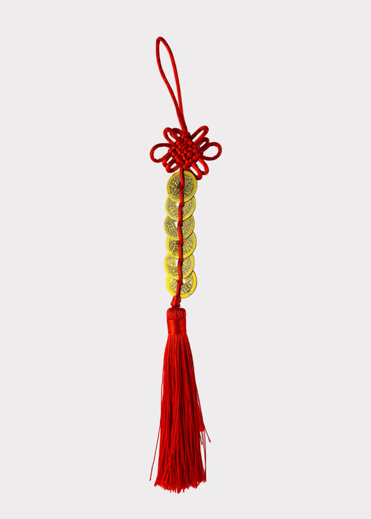 Six Emperor Coins - Feng Shui Hanging Tassel - Red Knot - Gold-Tone Alloy