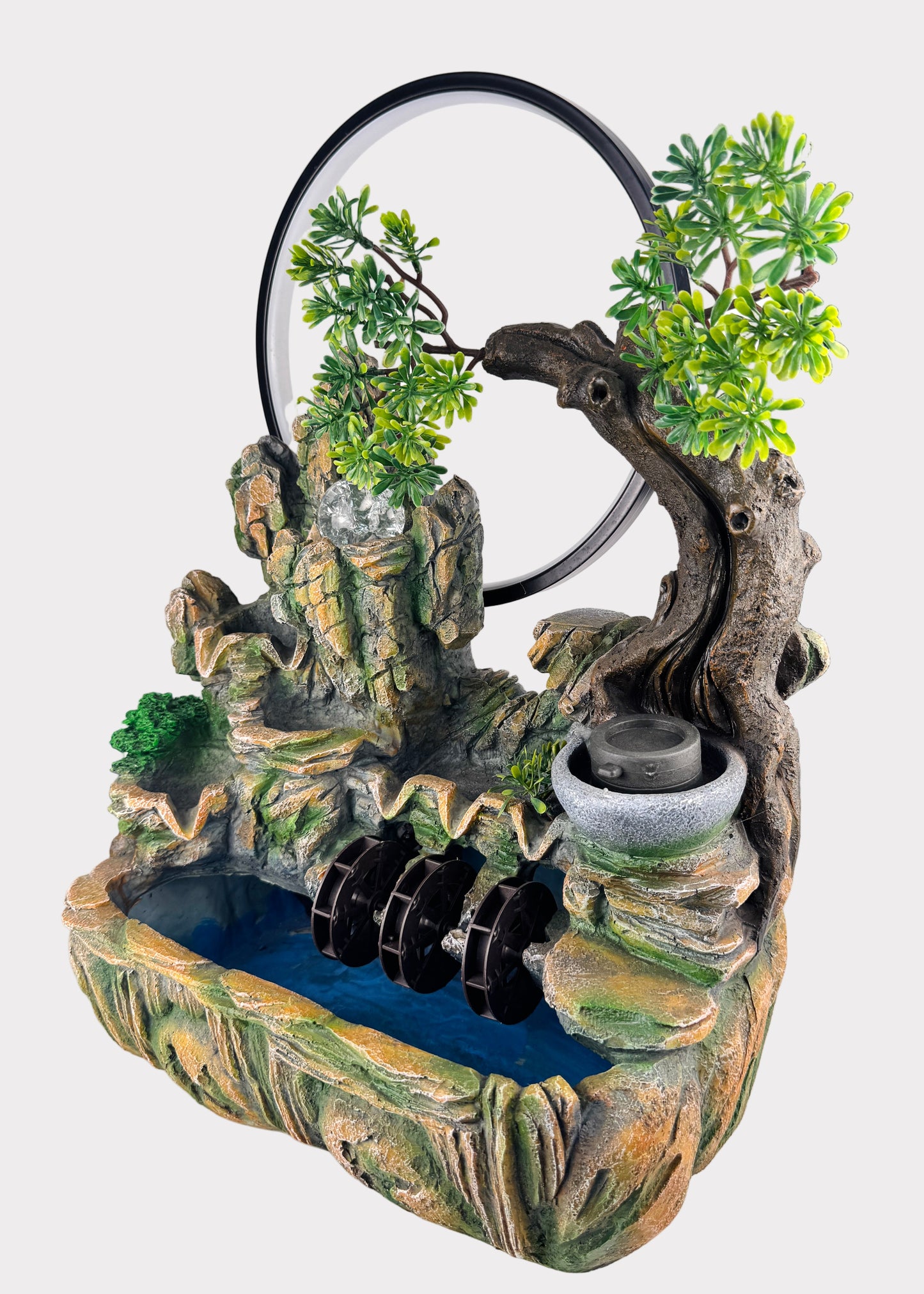Zen Mountain Ring Tabletop Fountain - LED Crystal Ball - Triple Water Wheels
