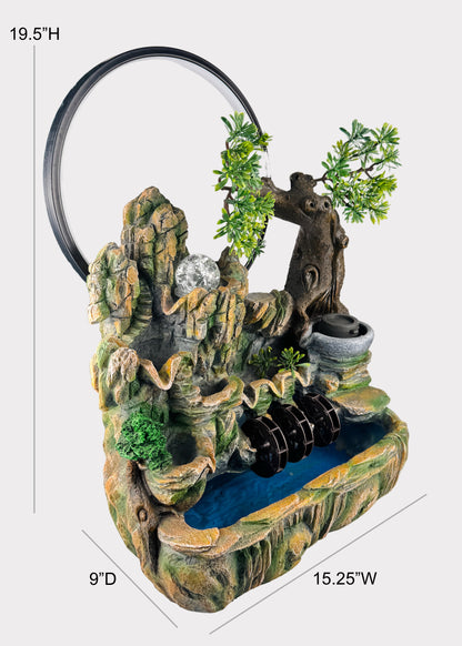Zen Mountain Ring Tabletop Fountain - LED Crystal Ball - Triple Water Wheels