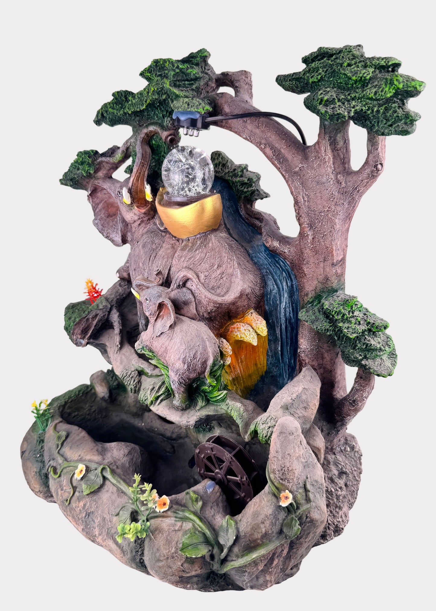 Forest Elephant Family Tabletop Fountain - LED Crystal Ball - Water Wheel