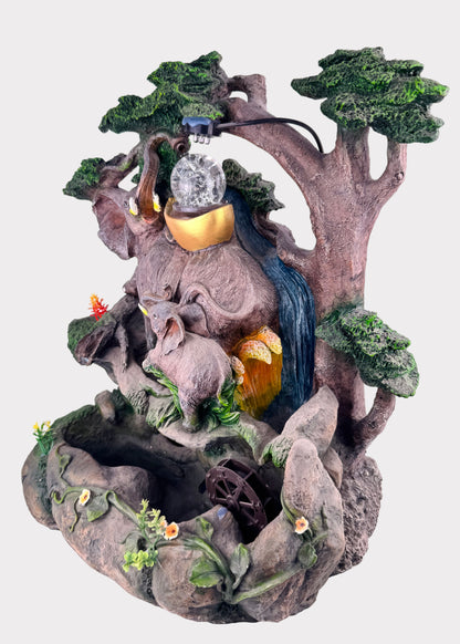 Forest Elephant Family Tabletop Fountain - LED Crystal Ball - Water Wheel