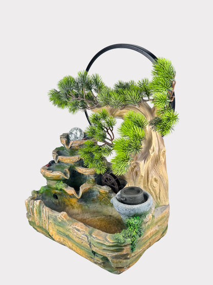 Zen Pine Ring Tabletop Fountain - LED Crystal Ball - Water Wheel