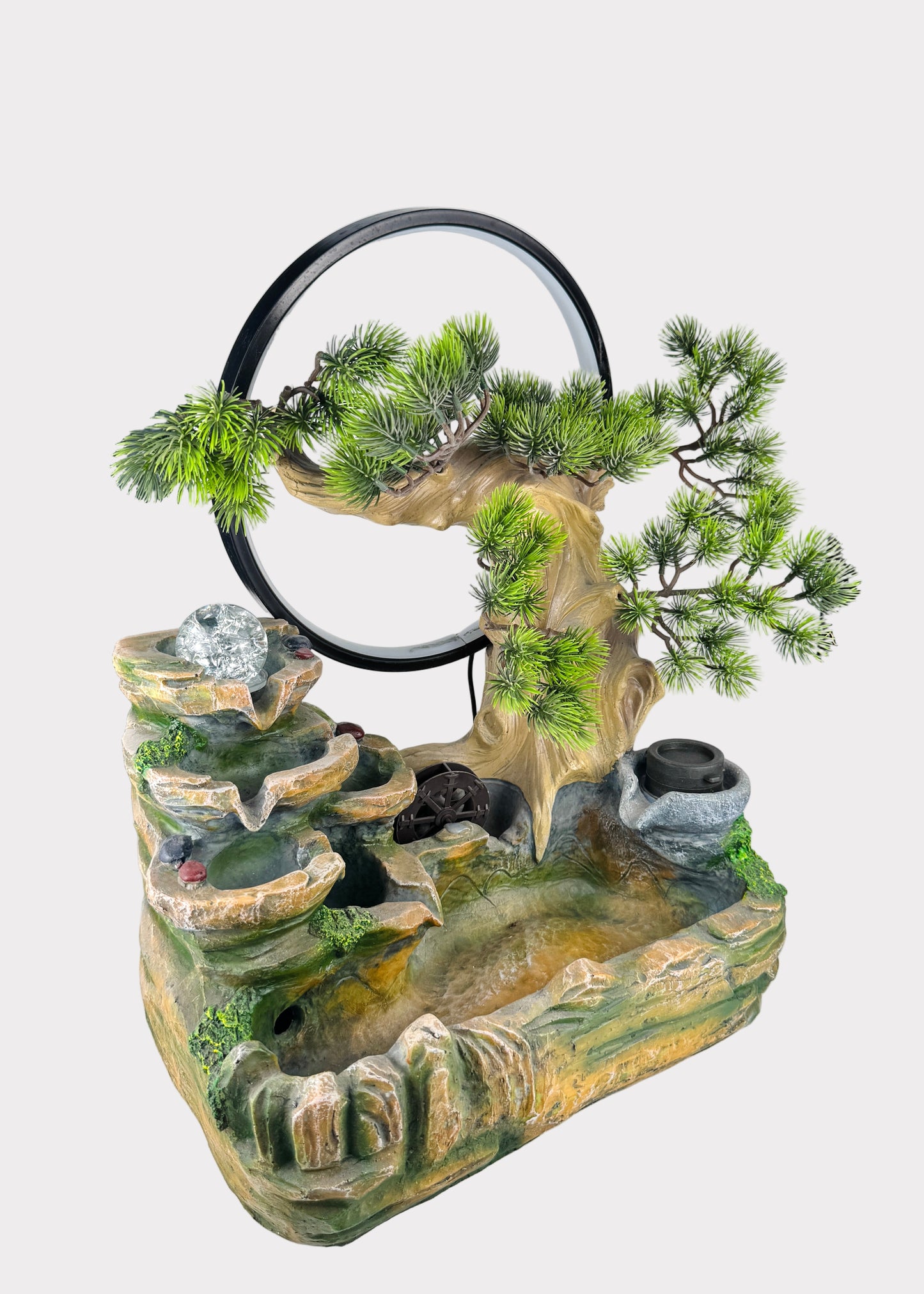 Zen Pine Ring Tabletop Fountain - LED Crystal Ball - Water Wheel