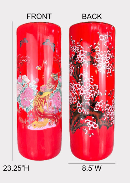 Porcelain Cylinder Vase – Hand Painted Cherry Blossom and Peony – Tall Ceramic Décor