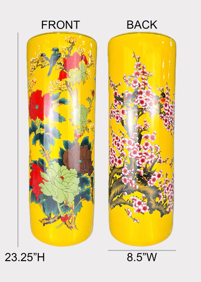 Porcelain Cylinder Vase – Hand Painted Cherry Blossom and Peony – Tall Ceramic Décor