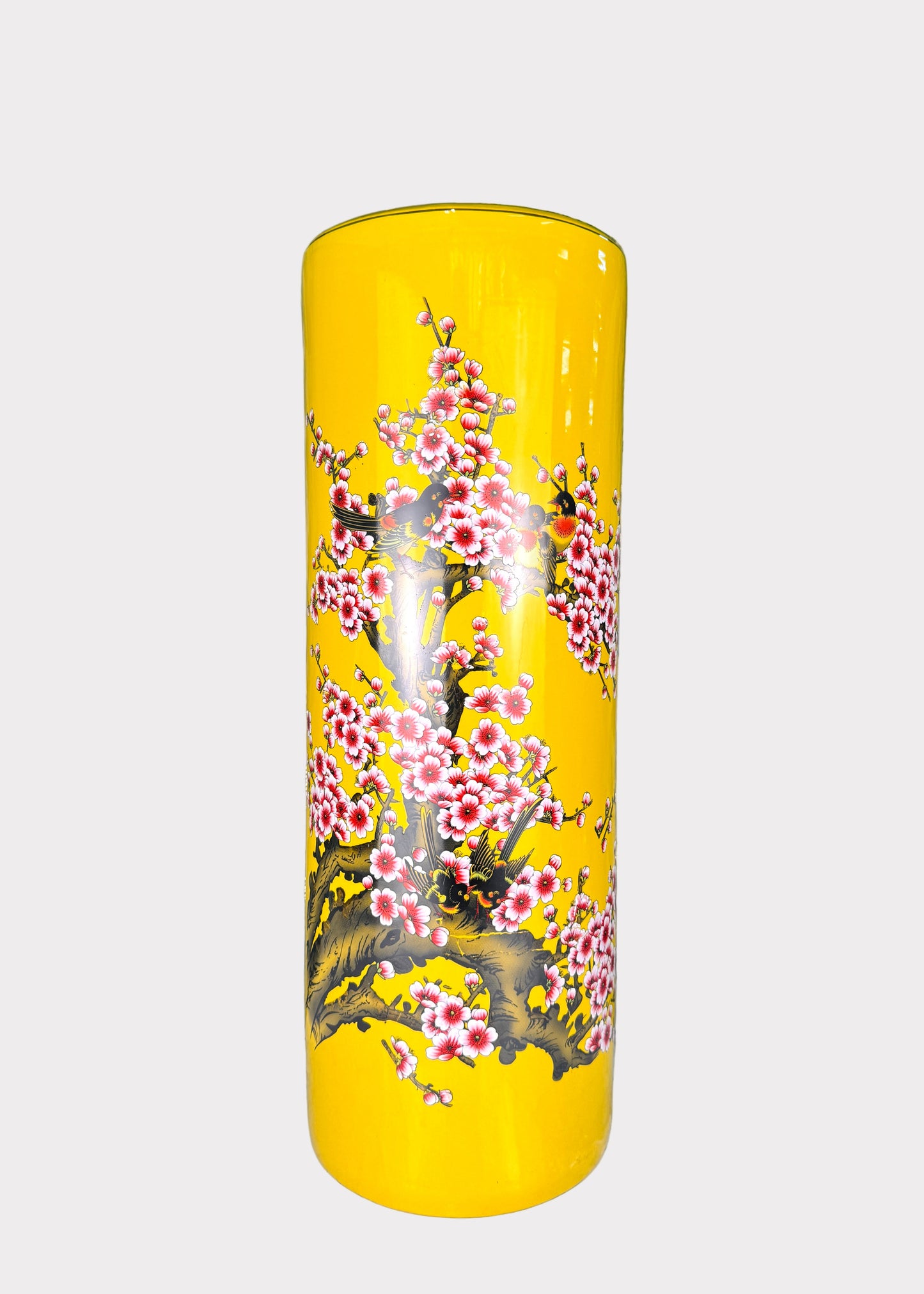 Porcelain Cylinder Vase – Hand Painted Cherry Blossom and Peony – Tall Ceramic Décor
