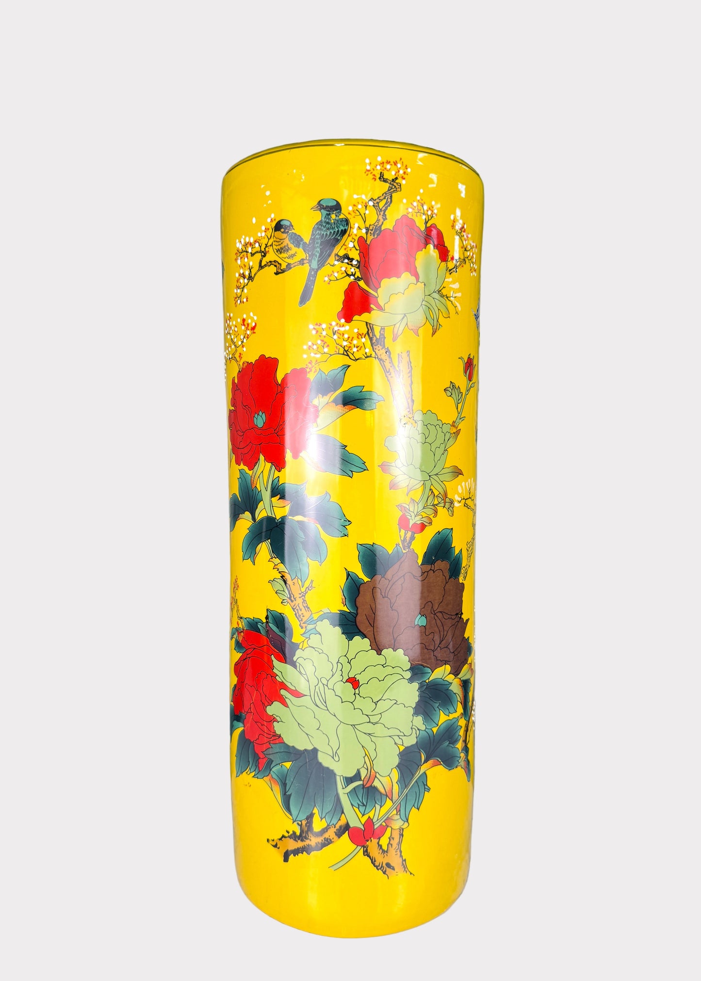 Porcelain Cylinder Vase – Hand Painted Cherry Blossom and Peony – Tall Ceramic Décor