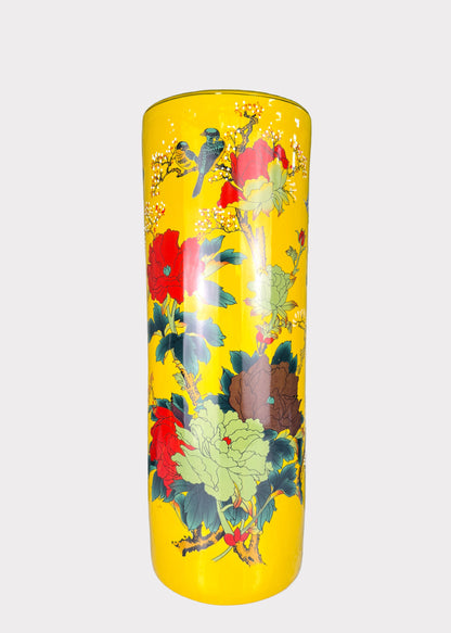 Porcelain Cylinder Vase – Hand Painted Cherry Blossom and Peony – Tall Ceramic Décor