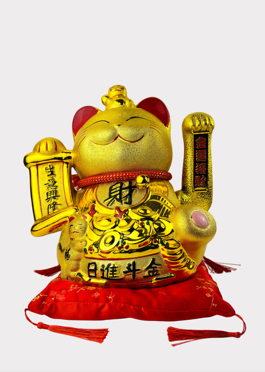 Golden Lucky Cat Figurine – Porcelain Maneki Neko with USB or Battery Power