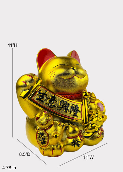 Golden Lucky Cat Figurine – Porcelain Maneki Neko with Banner – DC or Battery Powered