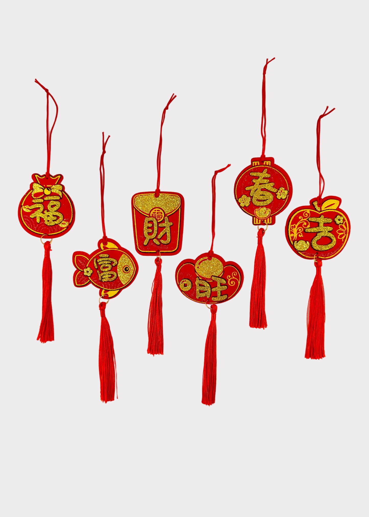 Felt Lunar New Year Ornament Charms - Red & Gold Glitter Tassels - 6 Count Assorted