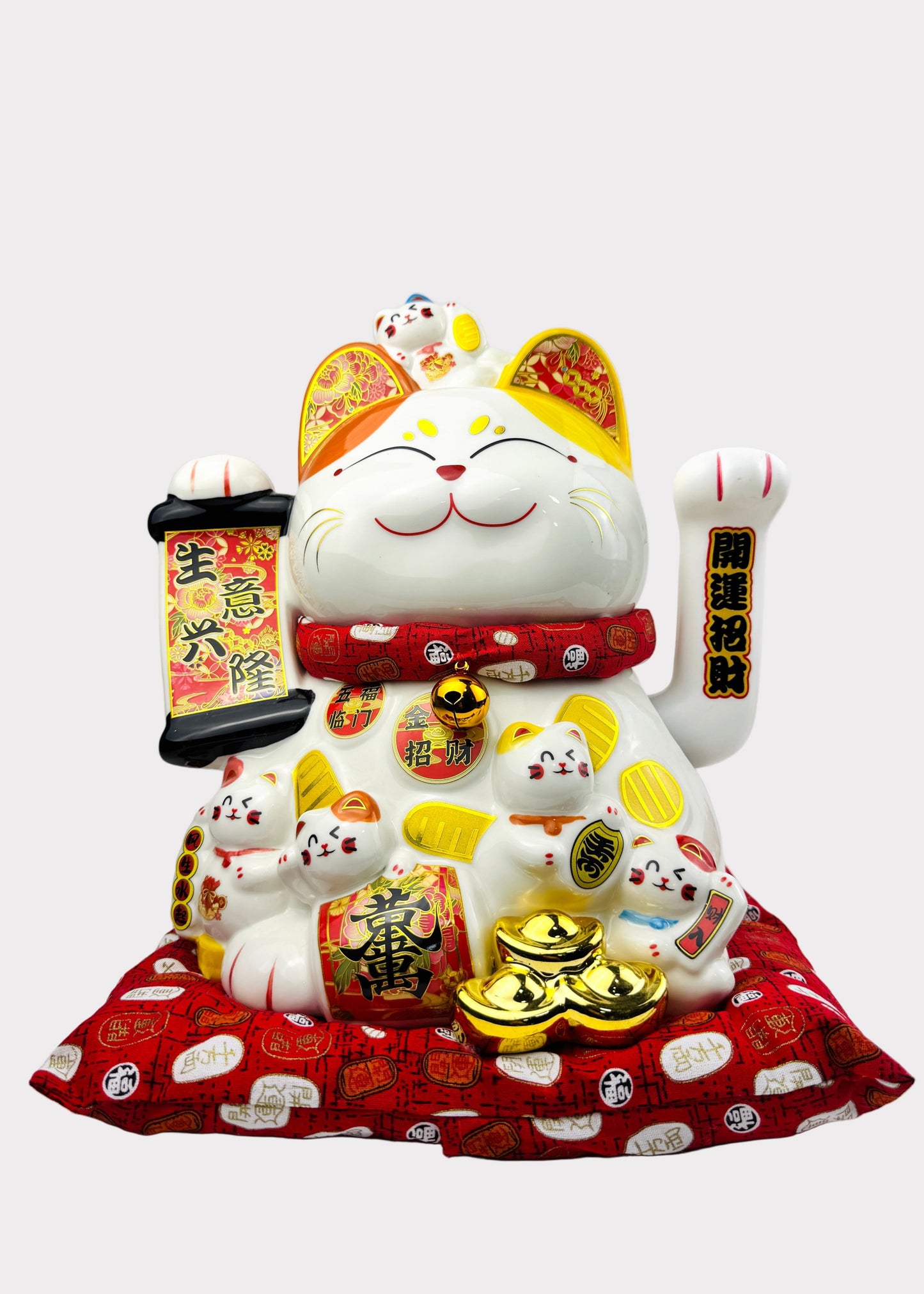 Lucky Money Cat – Porcelain – Banner and Ingots – Battery or AC Powered
