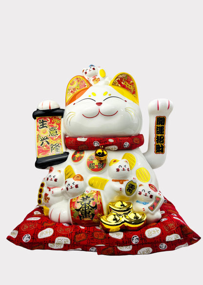 Lucky Money Cat – Porcelain – Banner and Ingots – Battery or AC Powered
