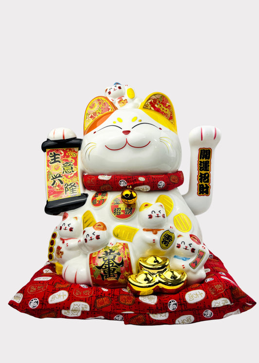 Lucky Money Cat – Porcelain – Banner and Ingots – Battery or AC Powered