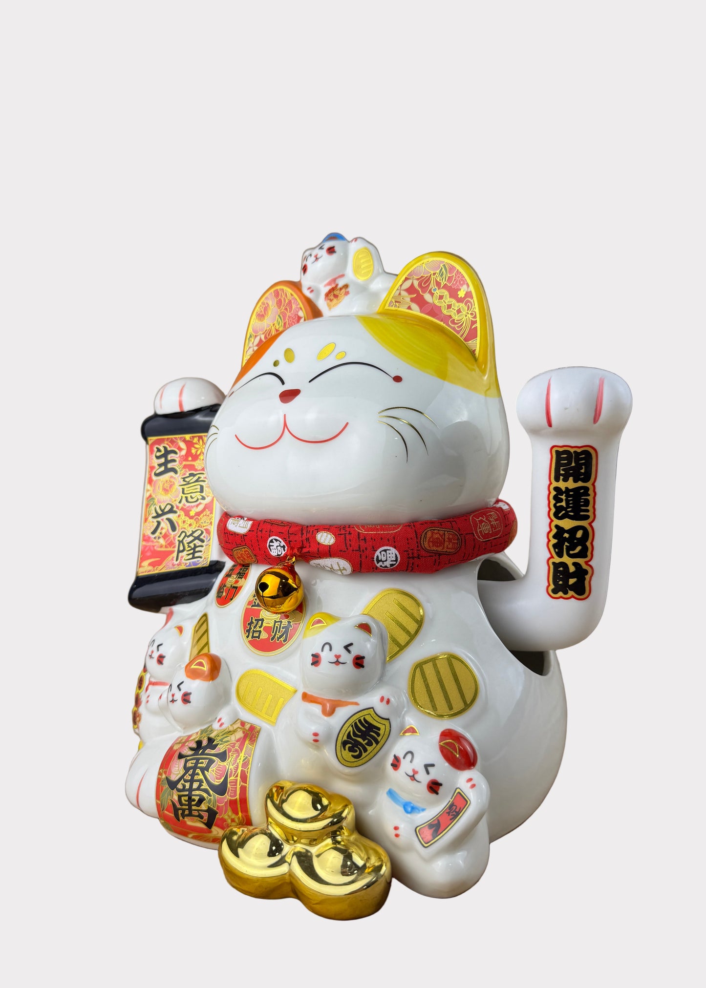Lucky Money Cat – Porcelain – Banner and Ingots – Battery or AC Powered