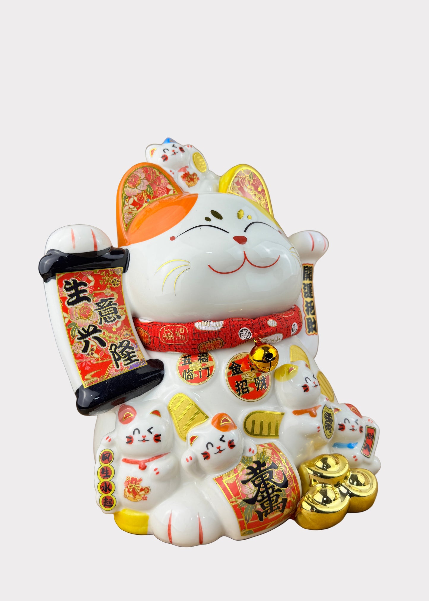 Lucky Money Cat – Porcelain – Banner and Ingots – Battery or AC Powered