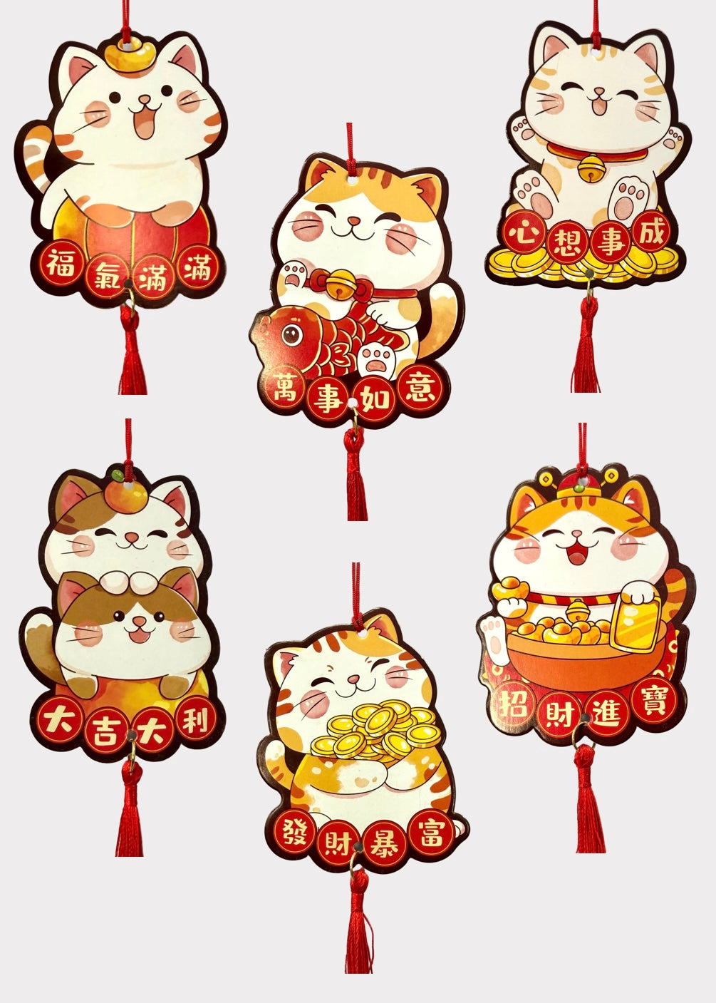Lunar New Year Lucky Cat Paper Hanging Charms Set of 6 with Red Tassels - Fortune & Wealth Decor