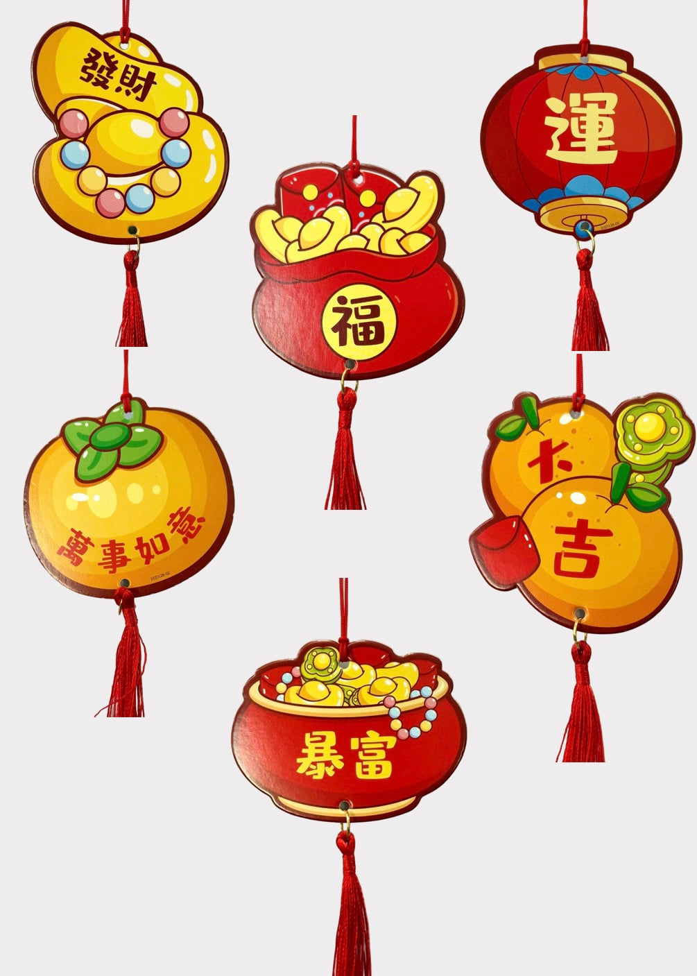 Lunar New Year Paper Stock Hanging Charms Set of 6 with Red Tassels - Fortune & Luck Decor