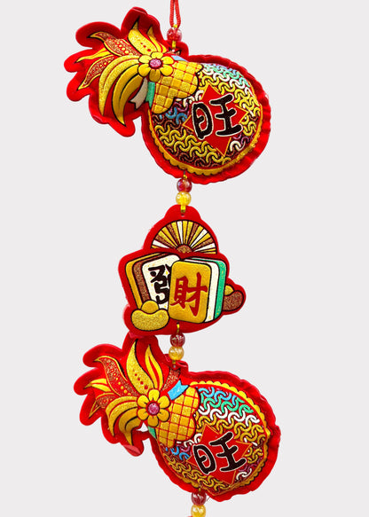 Pineapple Lunar New Year Hanging Decor with Mahjong Wealth Tiles and Tassel