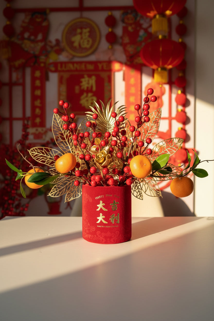 Lunar New Year Fortune Fruit Tabletop Decor – Gold Leaves and Lucky Orange Display