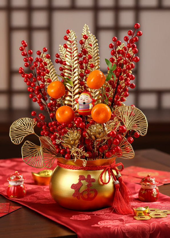 Wealth Bag Cai Sun Tabletop Decor – Lunar New Year Gold Fruit and Berry