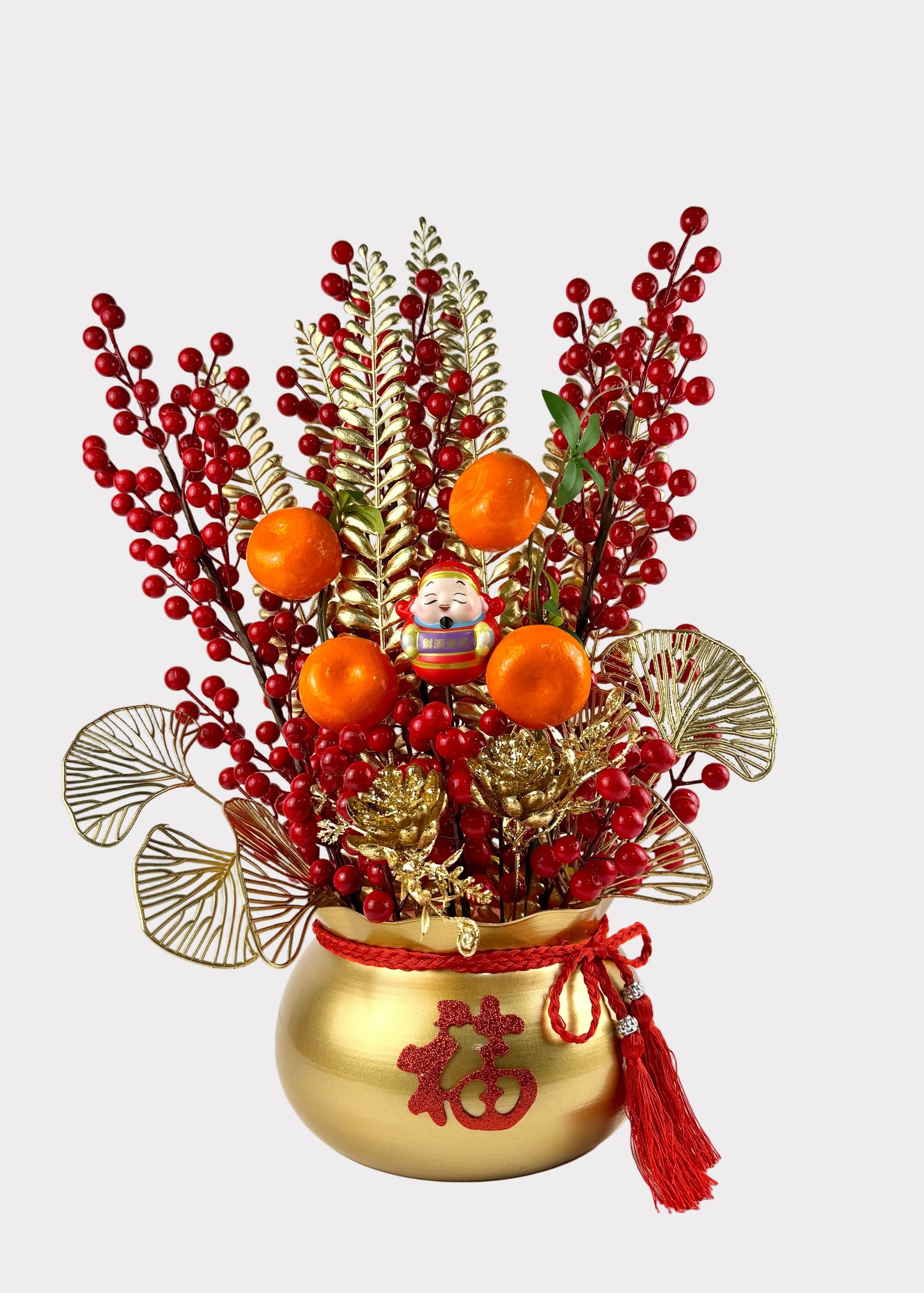 Wealth Bag Cai Sun Tabletop Decor – Lunar New Year Gold Fruit and Berry