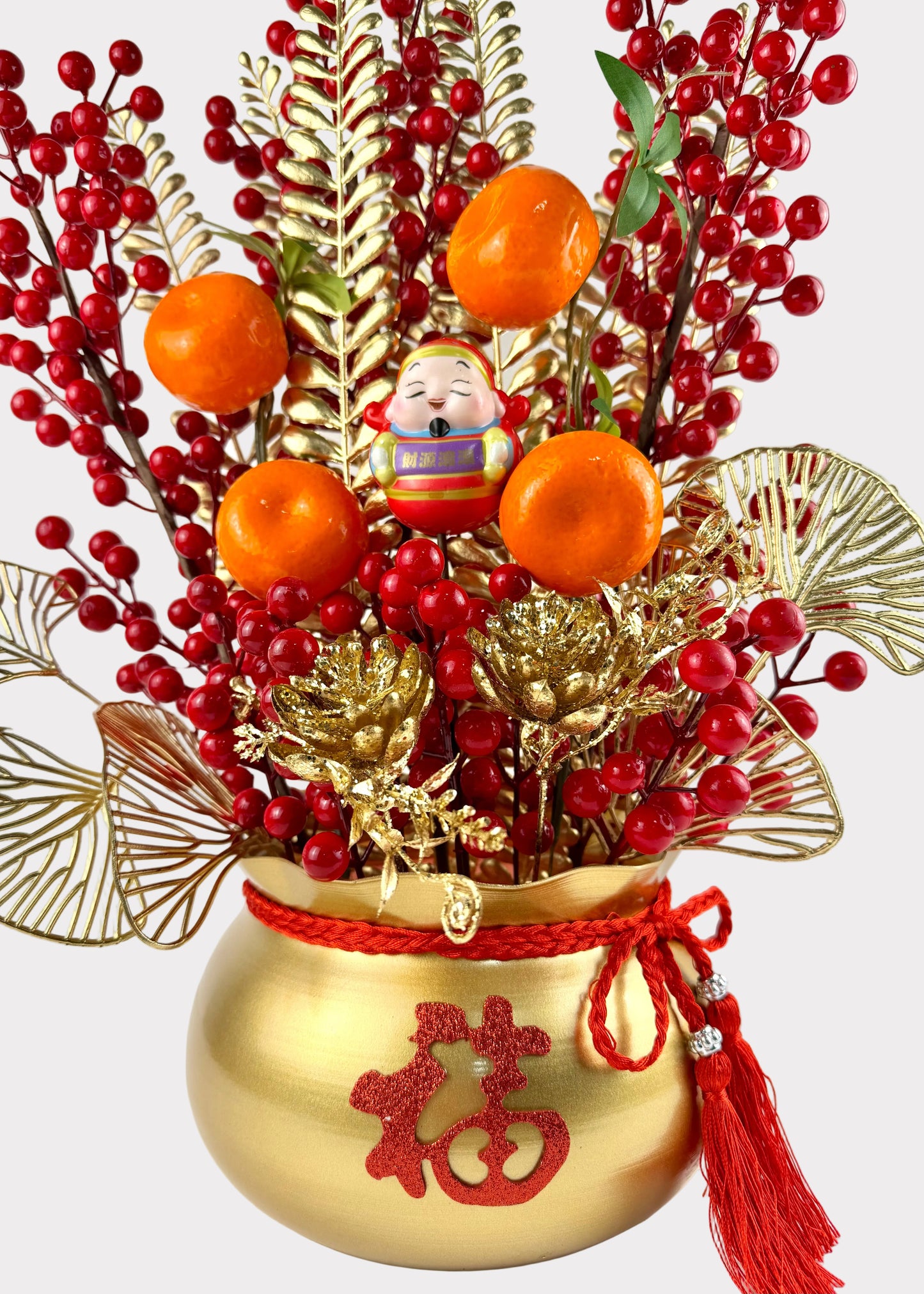 Wealth Bag Cai Sun Tabletop Decor – Lunar New Year Gold Fruit and Berry