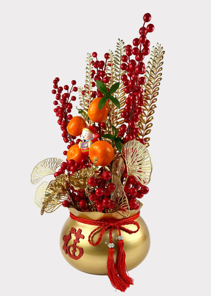 Wealth Bag Cai Sun Tabletop Decor – Lunar New Year Gold Fruit and Berry