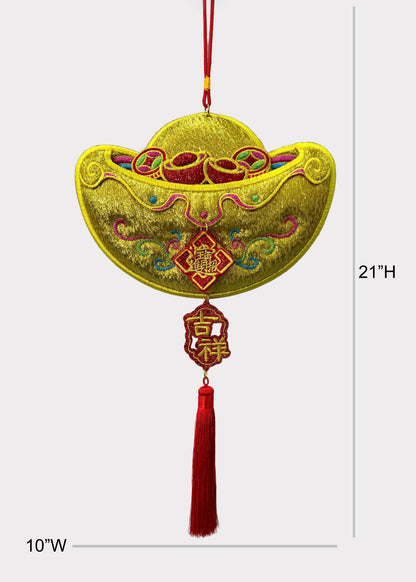 Embroidered Gold Ingot Wall Hanging with Lucky Apple and Red Envelope Slot